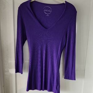 INC International Concepts Deep Purple Ribbed V-Neck Long Sleeve Top